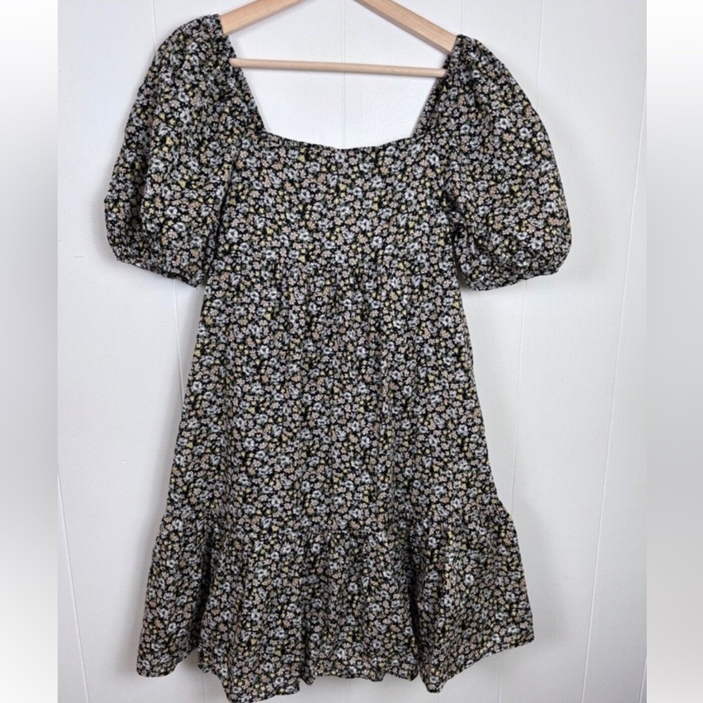 Uniqlo‎ Floral Babydoll Dress Cottagecore Puff Sleeve Tiered Black XS